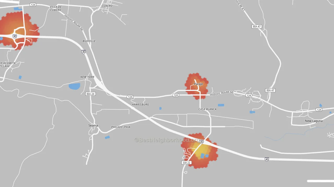Walk Grade map of Paraje, NM, walkable areas in green and car-dependent areas in red