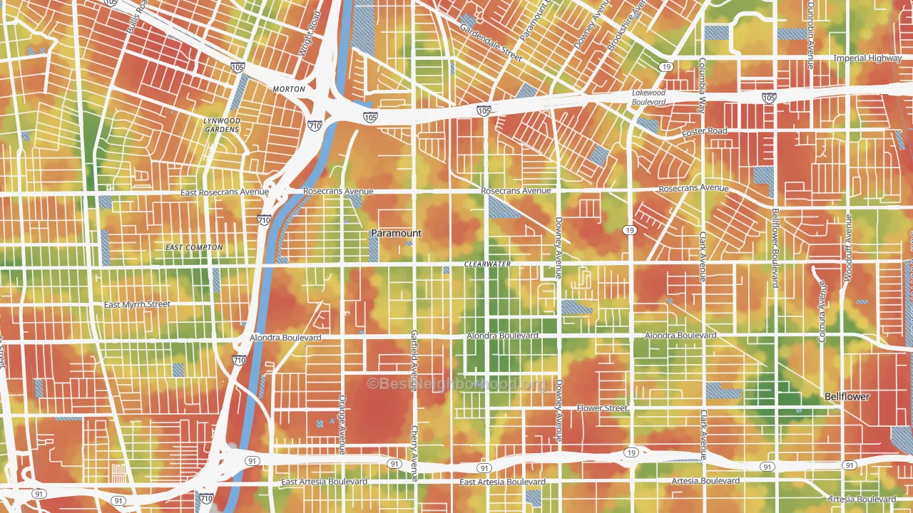 Walk Grade map of Paramount, CA, walkable areas in green and car-dependent areas in red