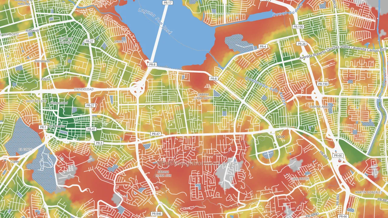 Walk Grade map of Parcelas Falu, San Juan, PR, walkable areas in green and car-dependent areas in red