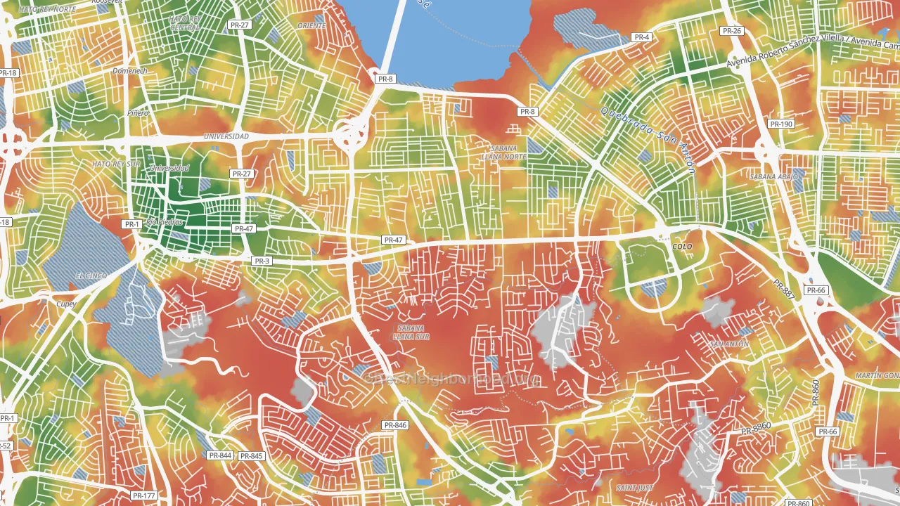 Walk Grade map of Parcelas Hill Brothers, San Juan, PR, walkable areas in green and car-dependent areas in red