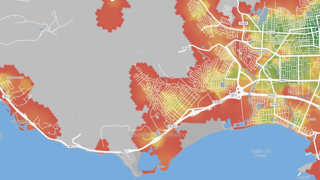 Walk Grade map of Parcelas Nueva Vida, Ponce, PR, walkable areas in green and car-dependent areas in red