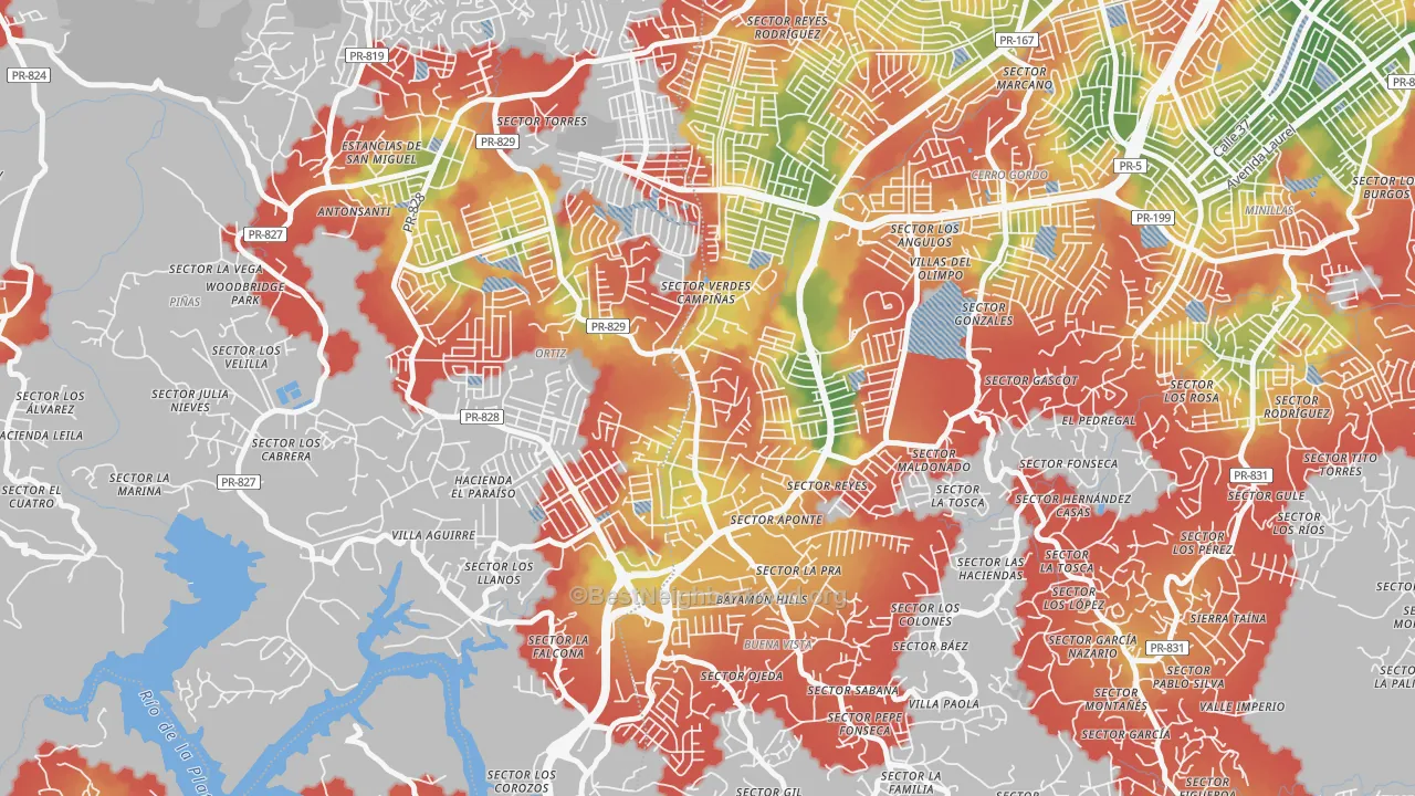 Walk Grade map of Parcelas van Scoy, Bayamon, PR, walkable areas in green and car-dependent areas in red