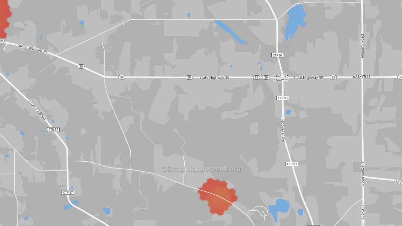 Walk Grade map of Parcells Corner, NY, walkable areas in green and car-dependent areas in red