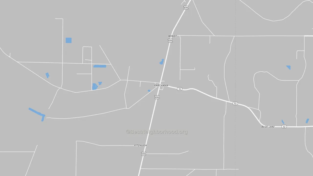 Walk Grade map of Parchman, MS, walkable areas in green and car-dependent areas in red