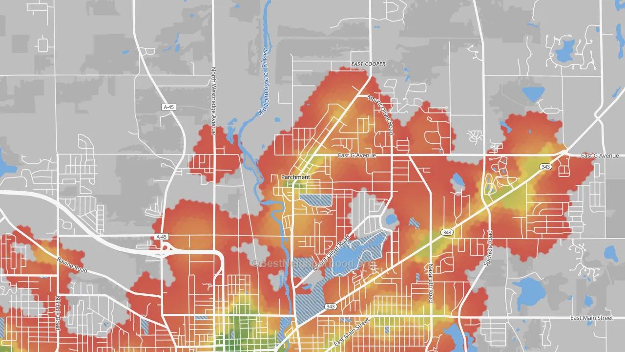 Walk Grade map of Parchment, MI, walkable areas in green and car-dependent areas in red
