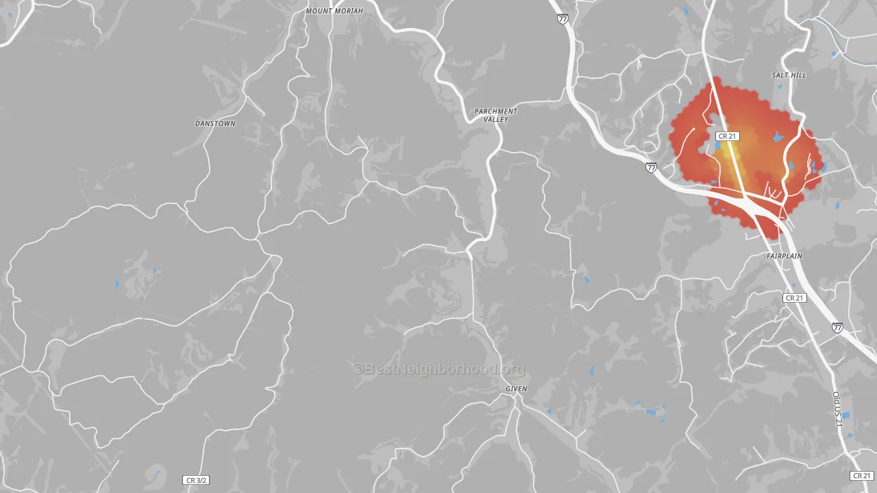 Walk Grade map of Parchment Valley, WV, walkable areas in green and car-dependent areas in red