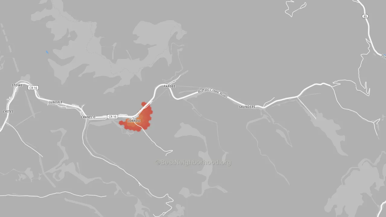 Walk Grade map of Pardee, WV, walkable areas in green and car-dependent areas in red