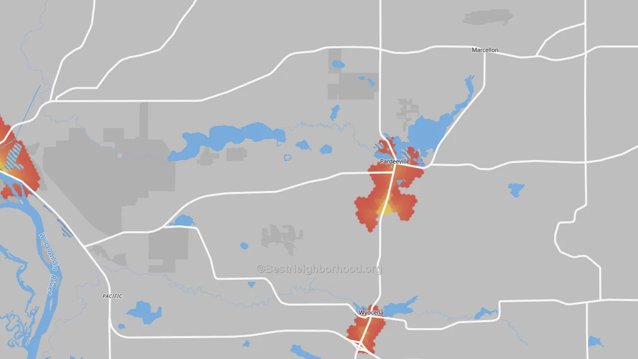 Walk Grade map of Pardeeville, WI, walkable areas in green and car-dependent areas in red