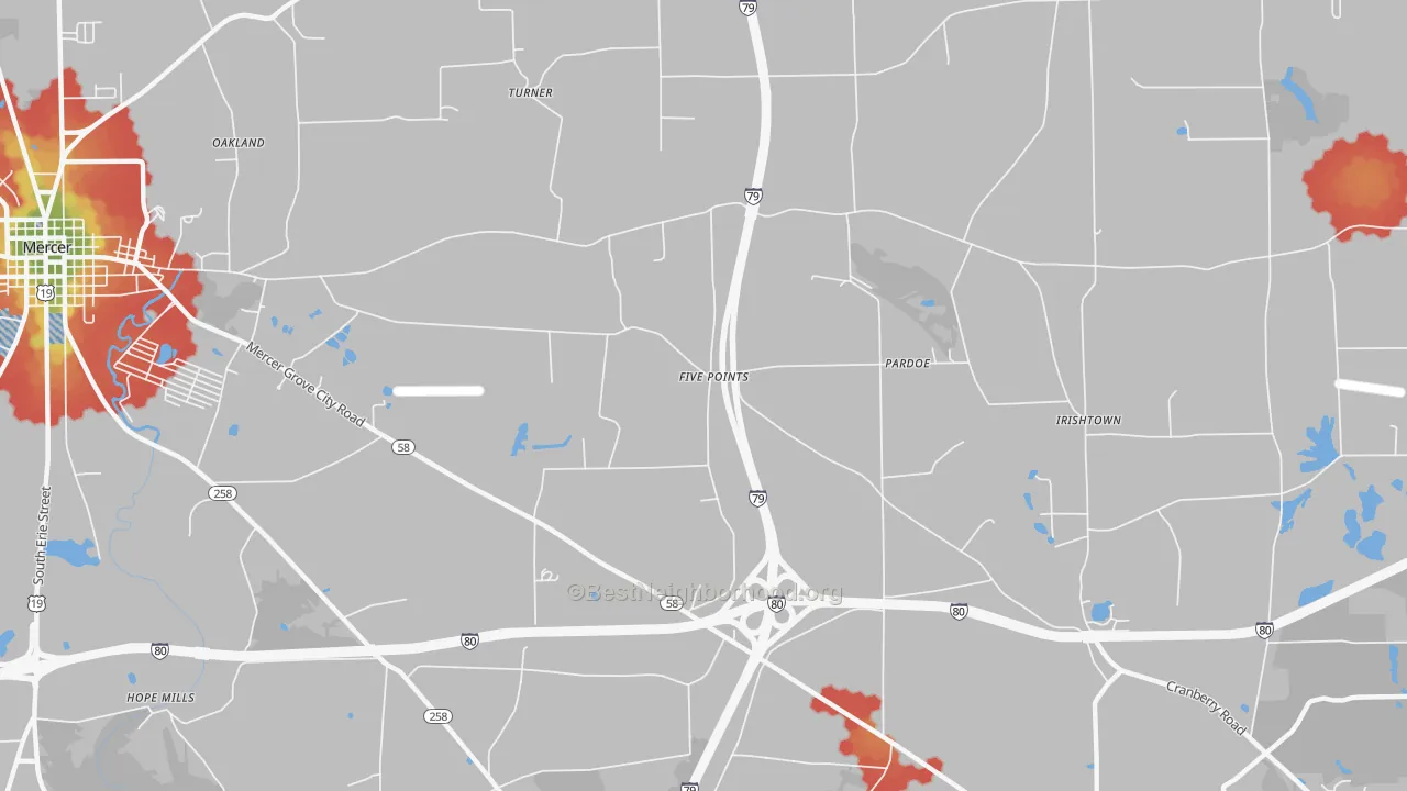 Walk Grade map of Pardoe, PA, walkable areas in green and car-dependent areas in red