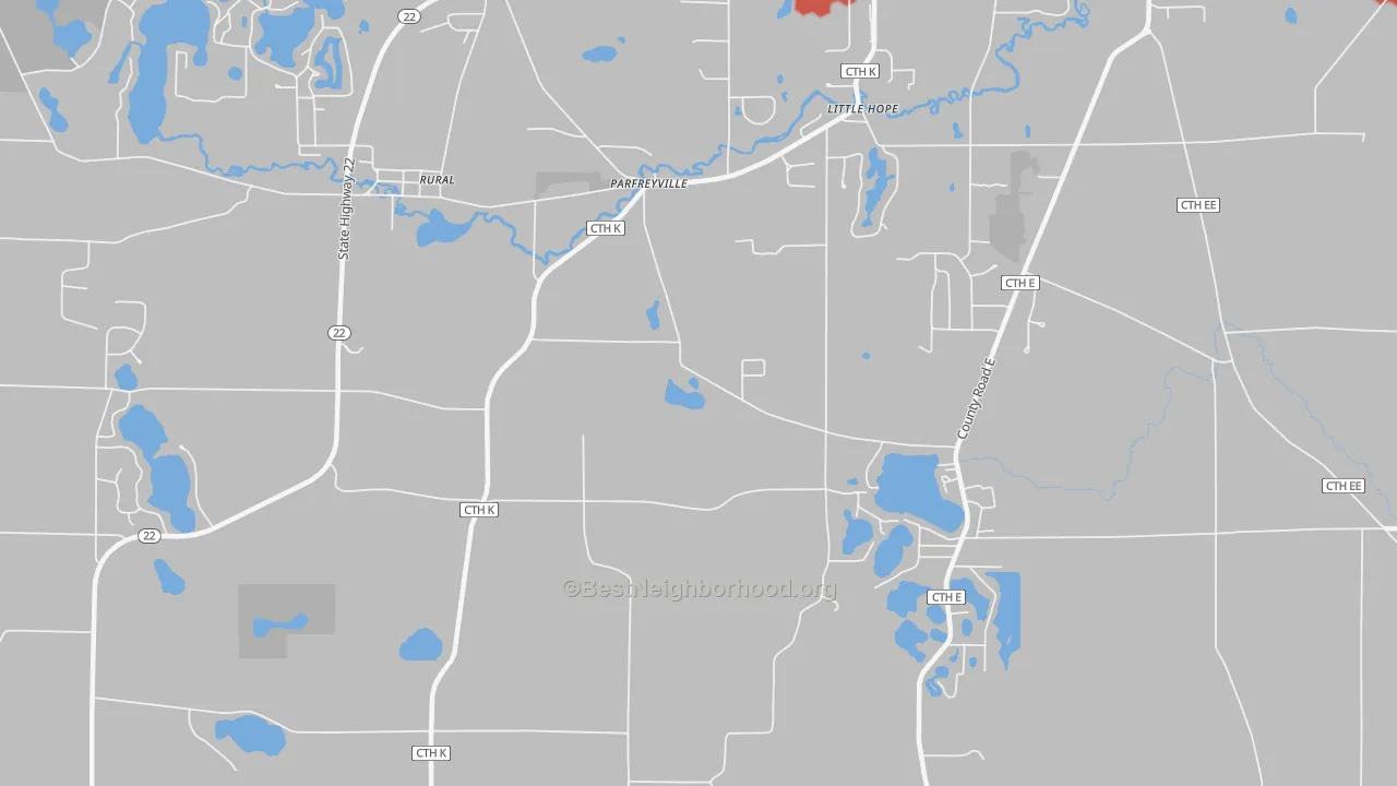 Walk Grade map of Parfreyville, WI, walkable areas in green and car-dependent areas in red