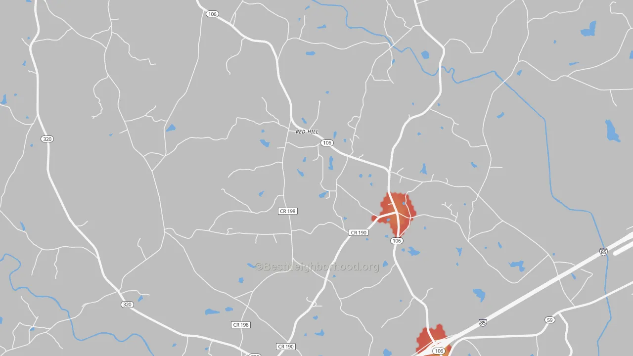 Walk Grade map of Parhams, GA, walkable areas in green and car-dependent areas in red