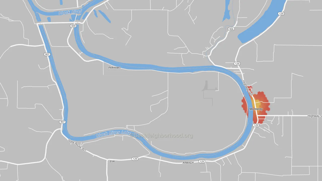 Walk Grade map of Parhams, LA, walkable areas in green and car-dependent areas in red