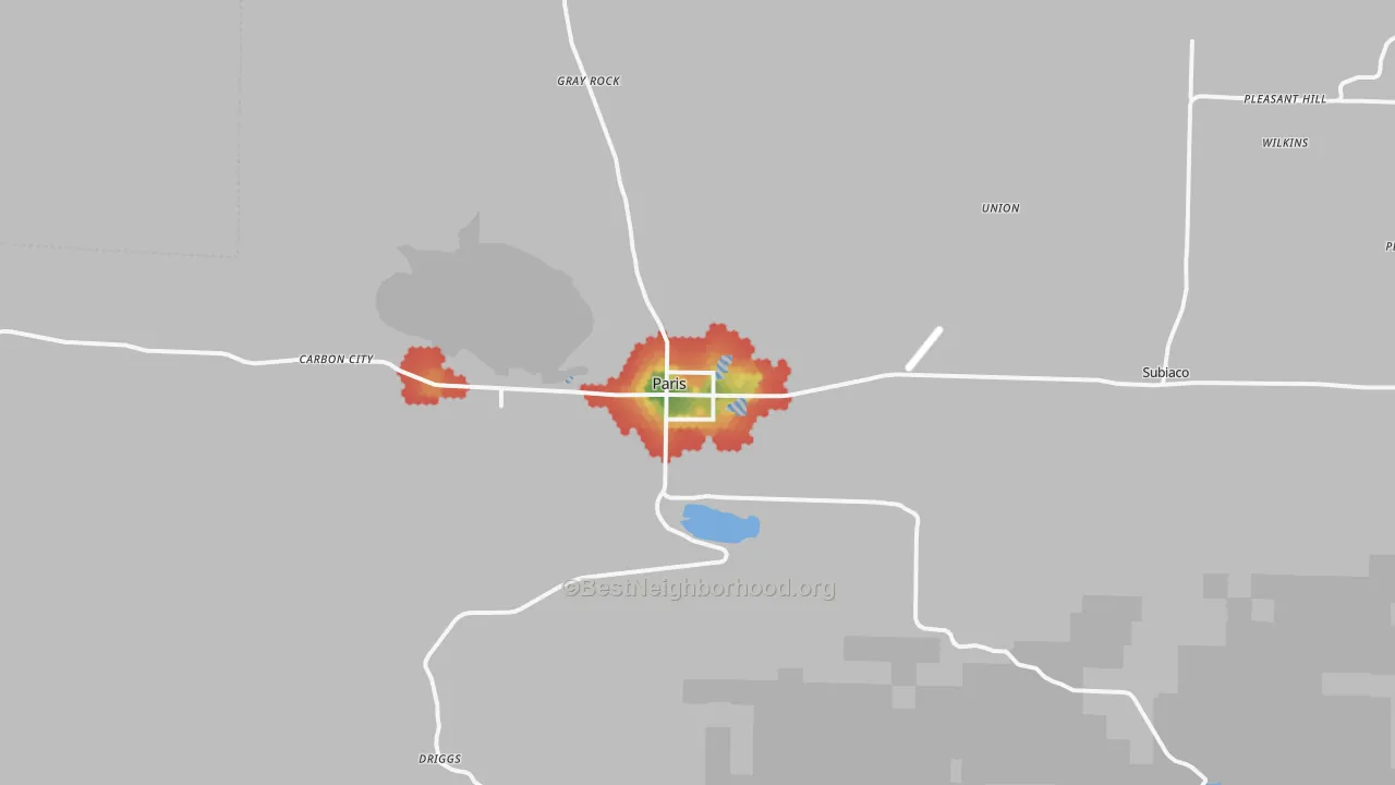 Walk Grade map of Paris, AR, walkable areas in green and car-dependent areas in red