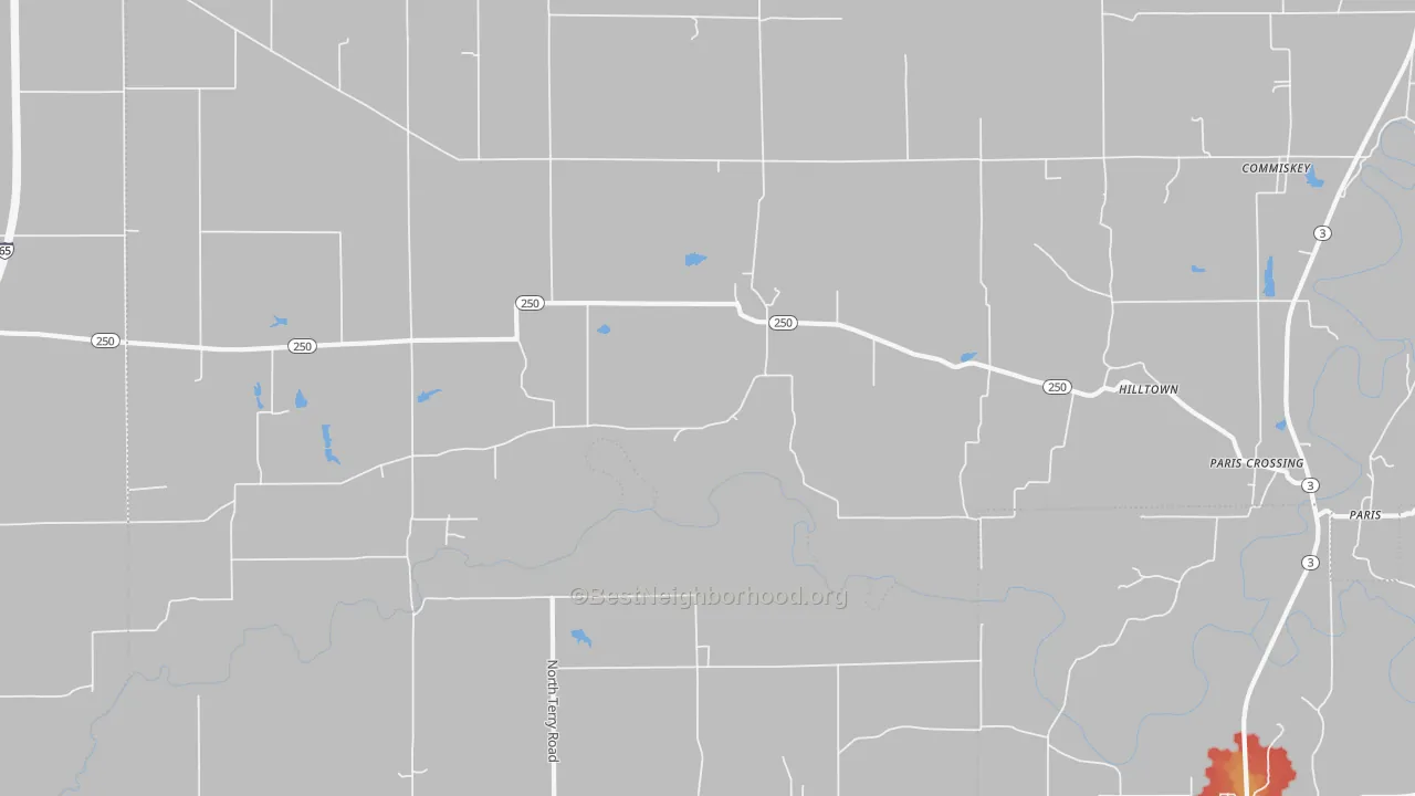 Walk Grade map of Paris Crossing, IN, walkable areas in green and car-dependent areas in red