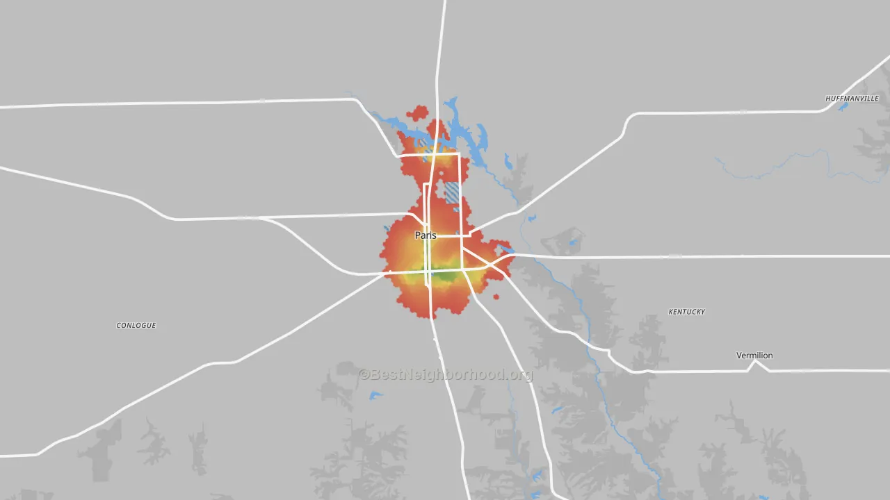 Walk Grade map of Paris, IL, walkable areas in green and car-dependent areas in red