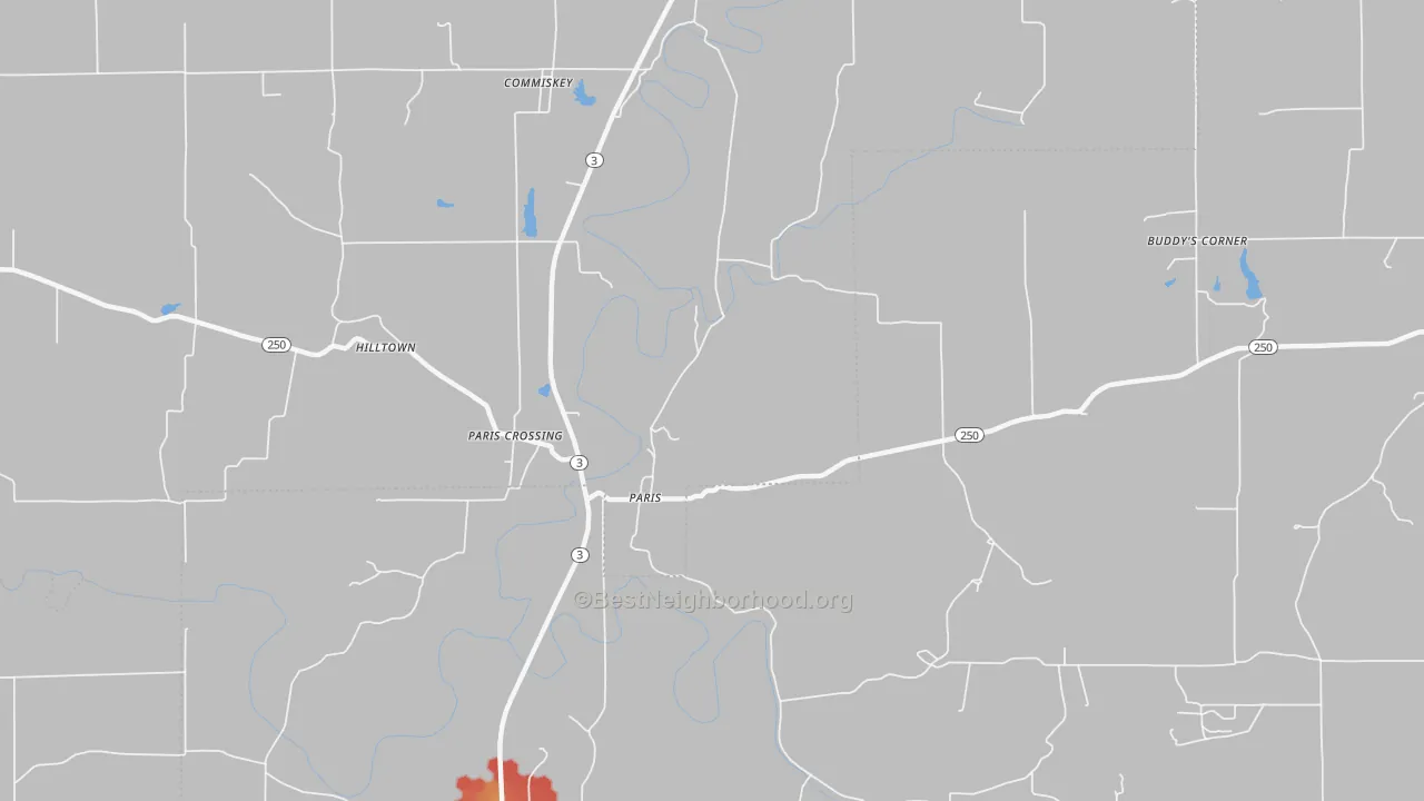 Walk Grade map of Paris, IN, walkable areas in green and car-dependent areas in red