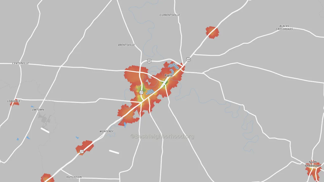 Walk Grade map of Paris, KY, walkable areas in green and car-dependent areas in red