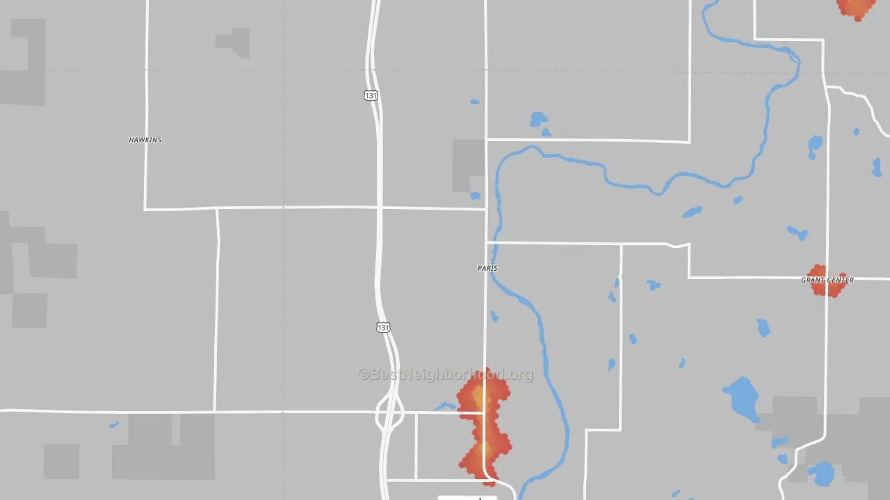 Walk Grade map of Paris, MI, walkable areas in green and car-dependent areas in red