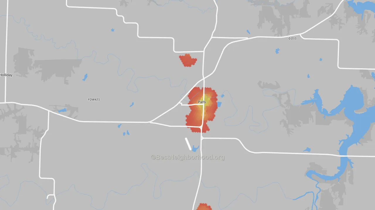 Walk Grade map of Paris, MO, walkable areas in green and car-dependent areas in red
