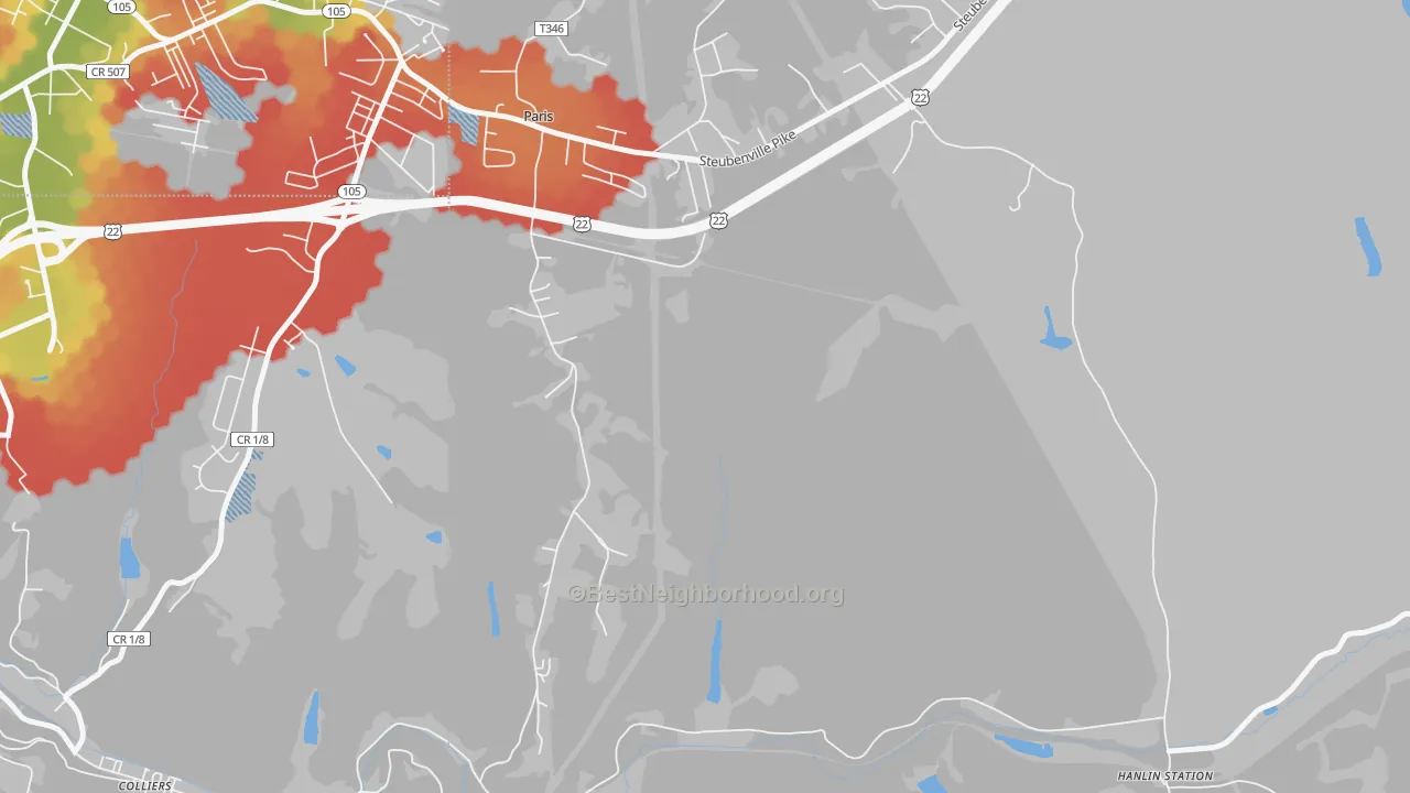 Walk Grade map of Paris, PA, walkable areas in green and car-dependent areas in red