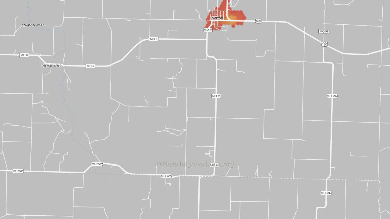 Walk Grade map of Paris Springs, MO, walkable areas in green and car-dependent areas in red
