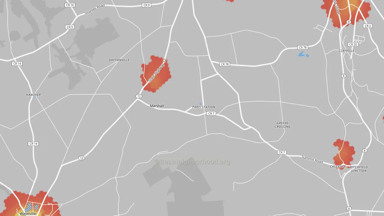 Walk Grade map of Paris Station, NY, walkable areas in green and car-dependent areas in red