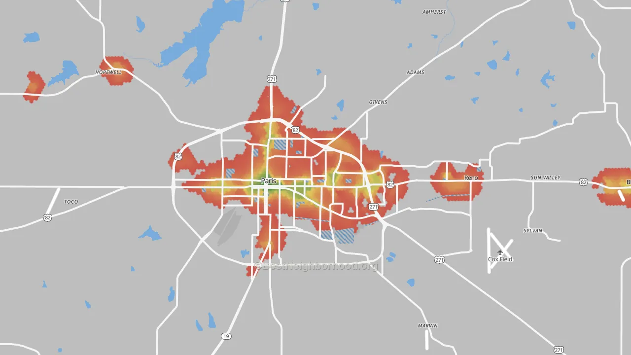 Walk Grade map of Paris, TX, walkable areas in green and car-dependent areas in red