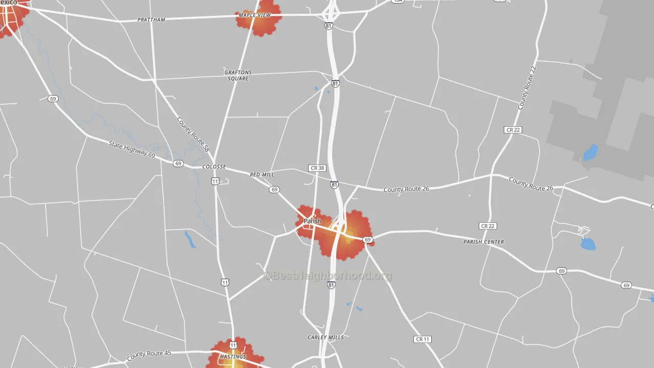 Walk Grade map of Parish, NY, walkable areas in green and car-dependent areas in red