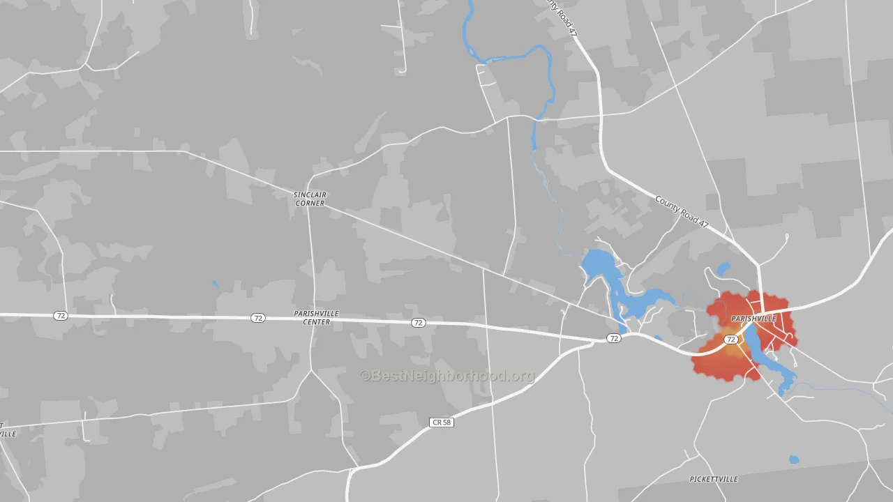 Walk Grade map of Parishville Center, NY, walkable areas in green and car-dependent areas in red