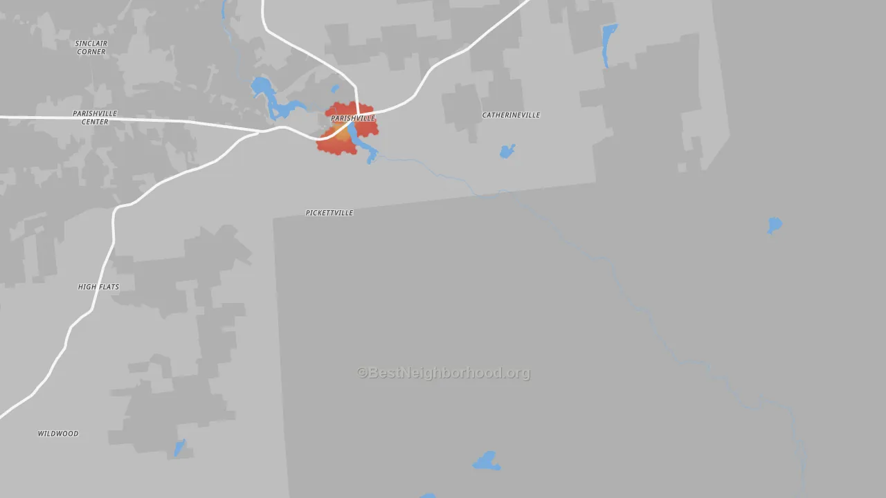 Walk Grade map of Parishville, NY, walkable areas in green and car-dependent areas in red