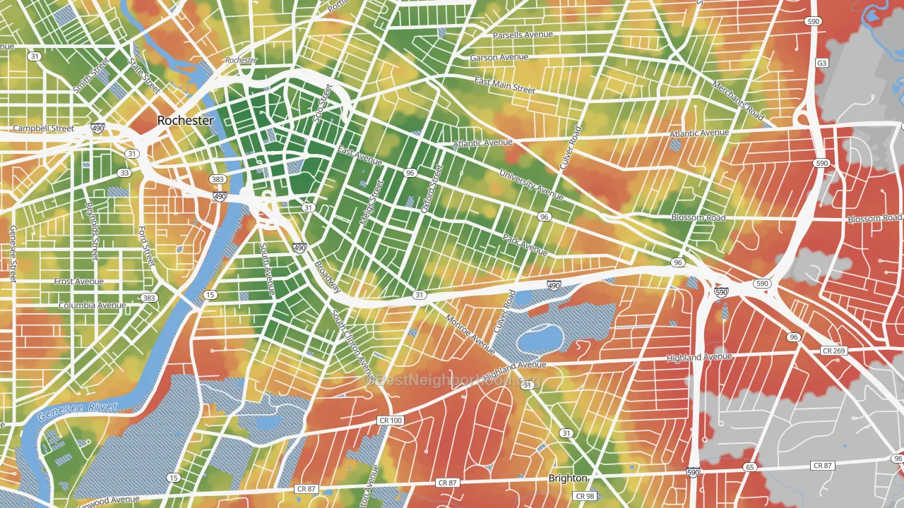 Walk Grade map of Park Avenue, Rochester, NY, walkable areas in green and car-dependent areas in red
