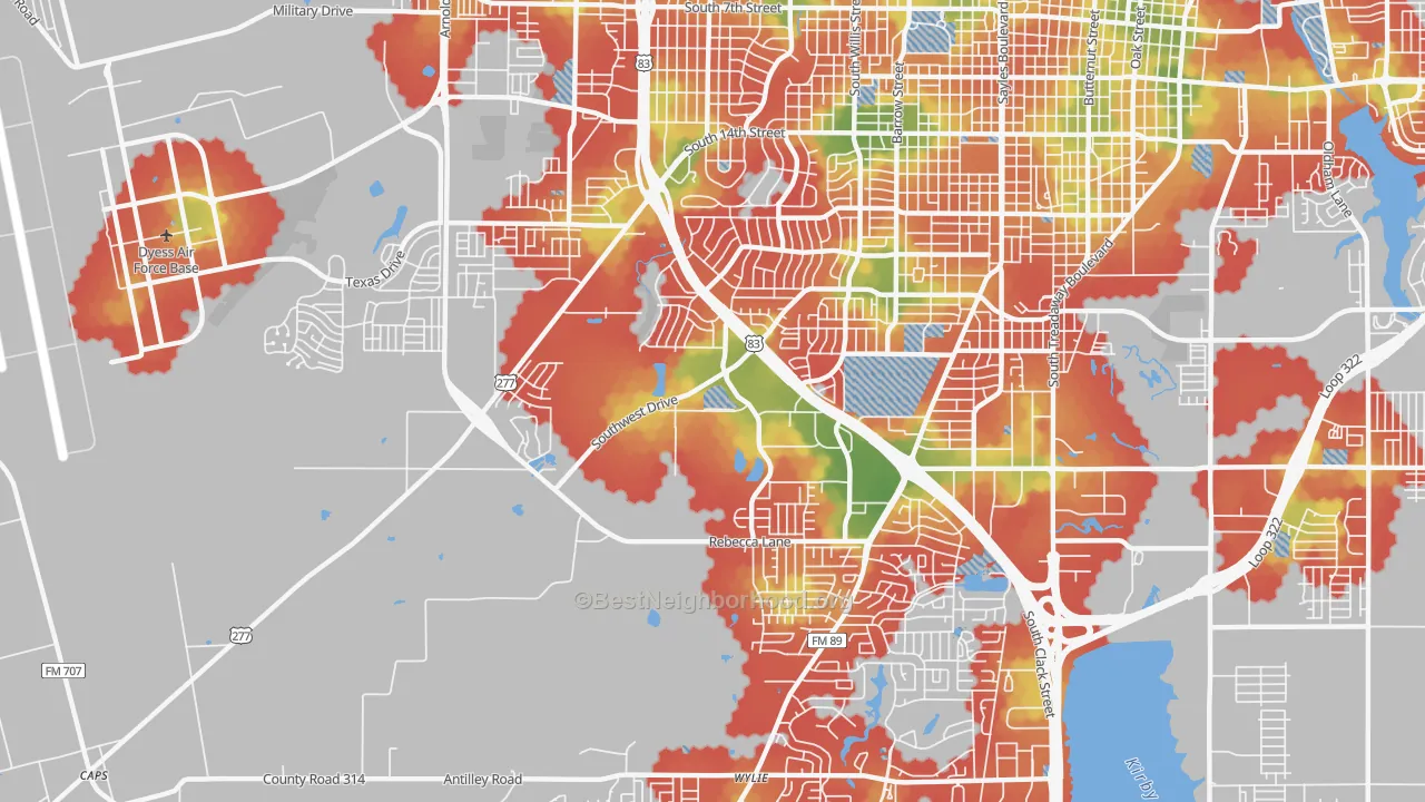 Walk Grade map of Park Central Area, Abilene, TX, walkable areas in green and car-dependent areas in red