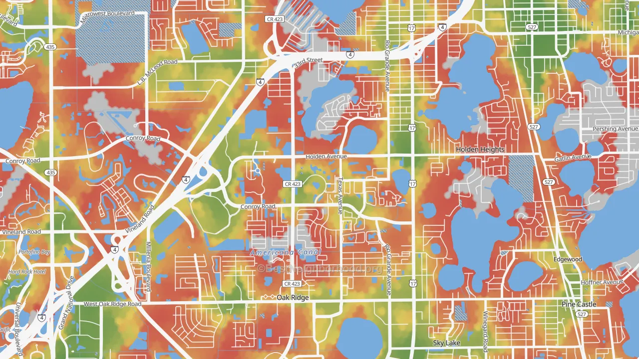 Walk Grade map of Park Central, Orlando, FL, walkable areas in green and car-dependent areas in red