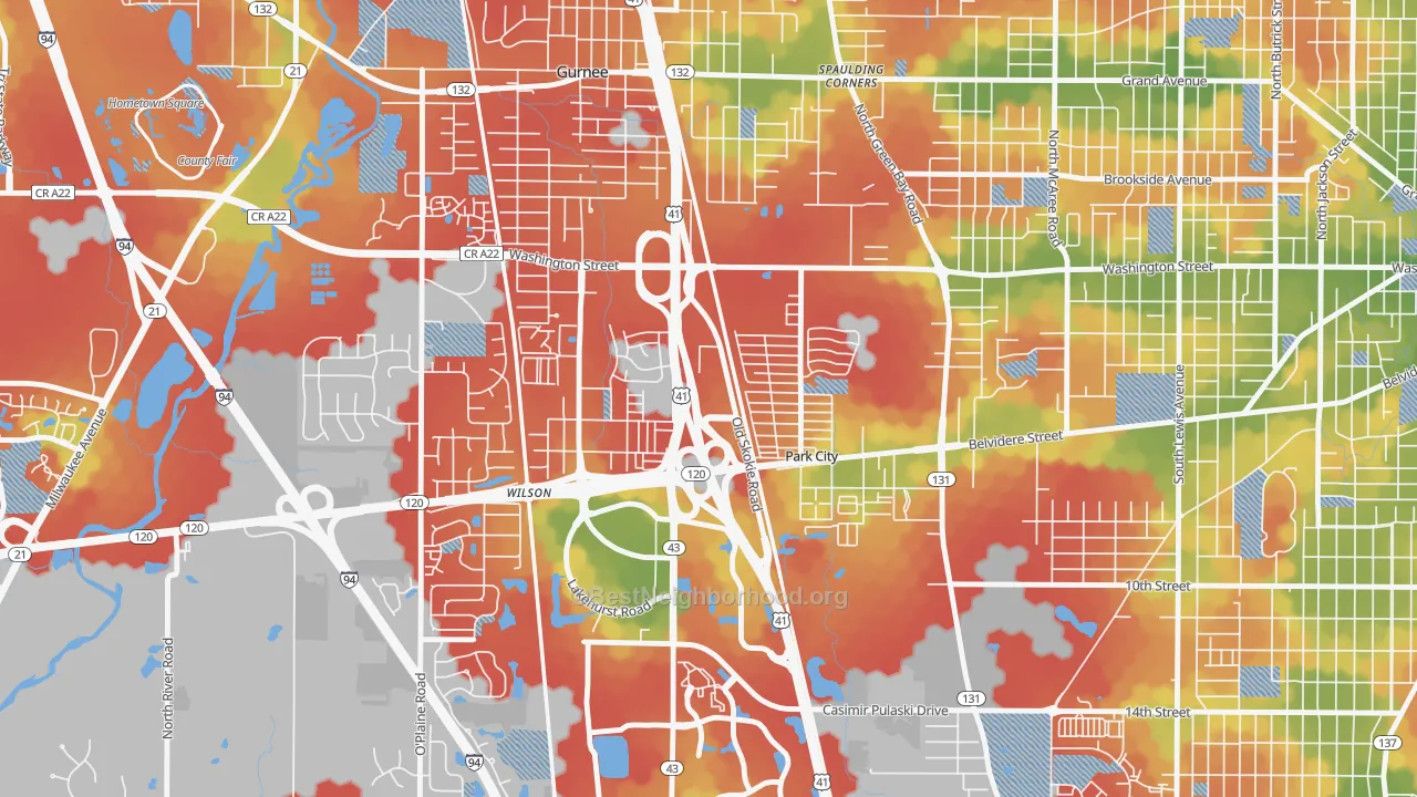 Walk Grade map of Park City, IL, walkable areas in green and car-dependent areas in red