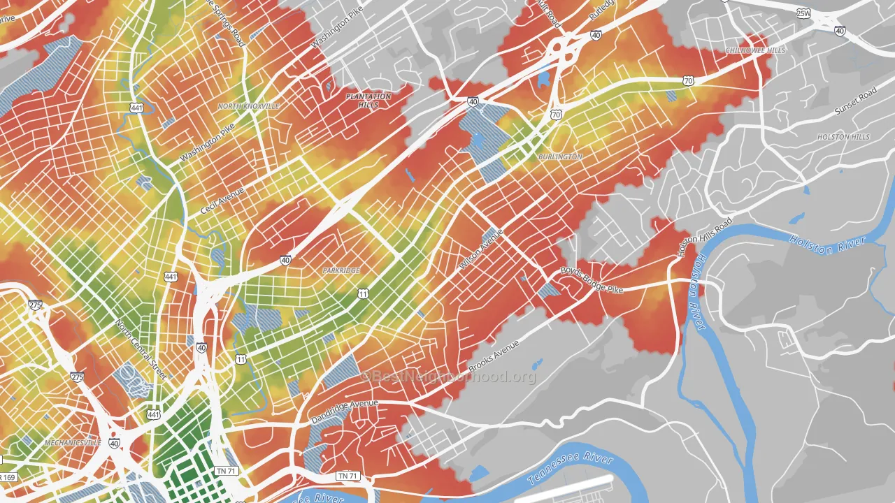 Walk Grade map of Park City, Knoxville, TN, walkable areas in green and car-dependent areas in red