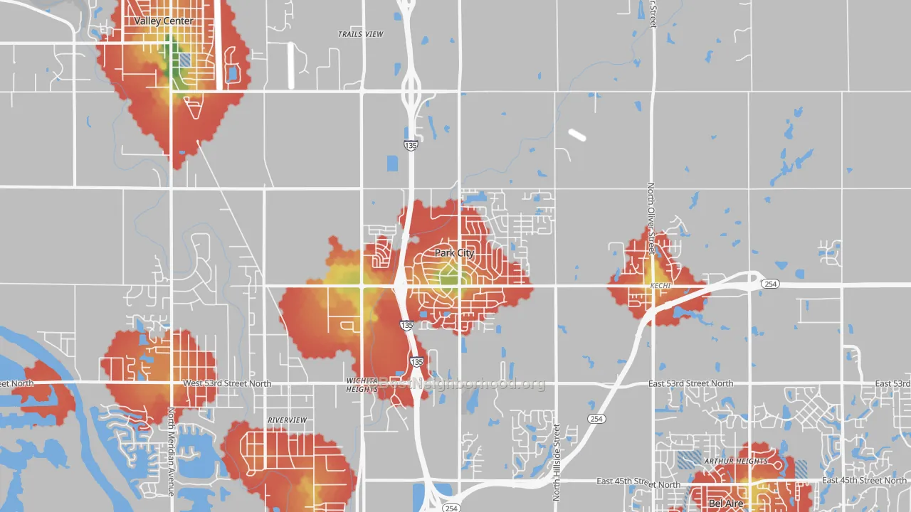 Walk Grade map of Park City, KS, walkable areas in green and car-dependent areas in red