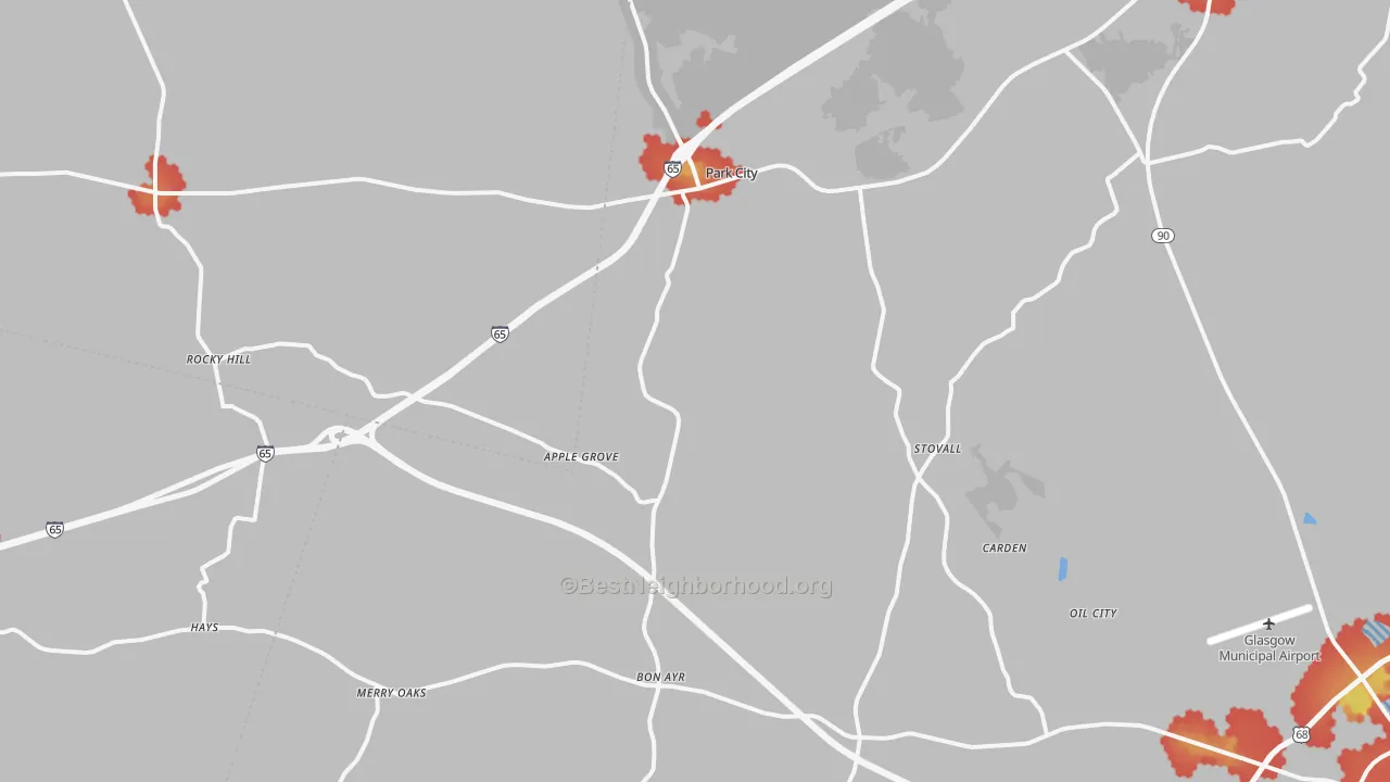Walk Grade map of Park City, KY, walkable areas in green and car-dependent areas in red