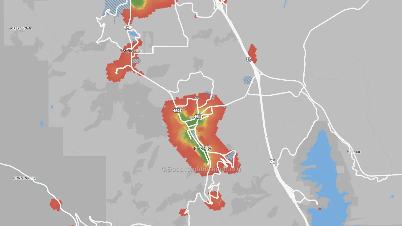 Walk Grade map of Park City, UT, walkable areas in green and car-dependent areas in red