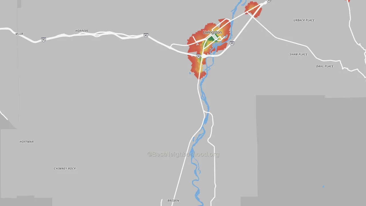Walk Grade map of Park County, MT, walkable areas in green and car-dependent areas in red
