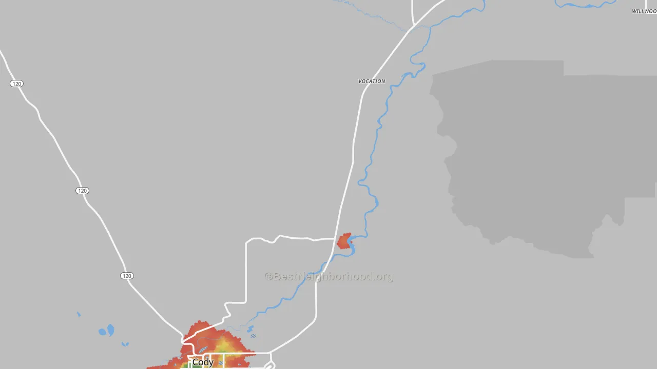Walk Grade map of Park County, WY, walkable areas in green and car-dependent areas in red