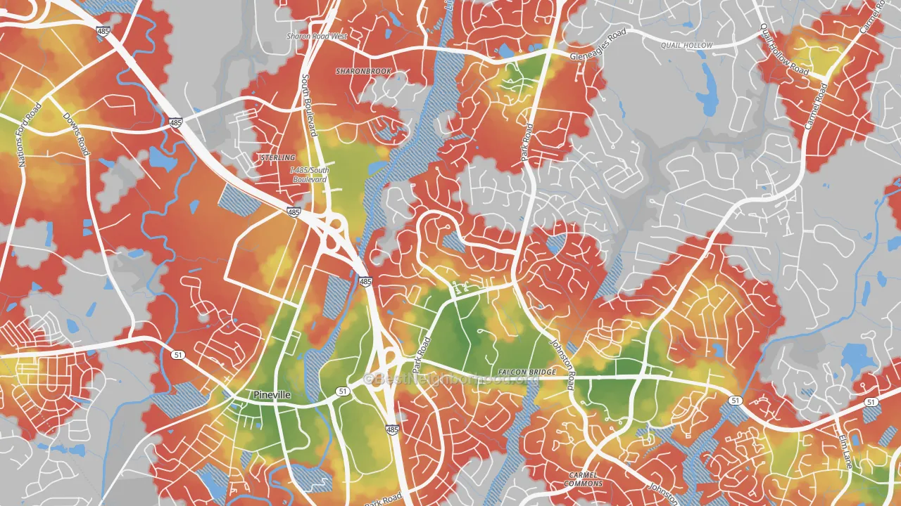 Walk Grade map of Park Crossing, Charlotte, NC, walkable areas in green and car-dependent areas in red