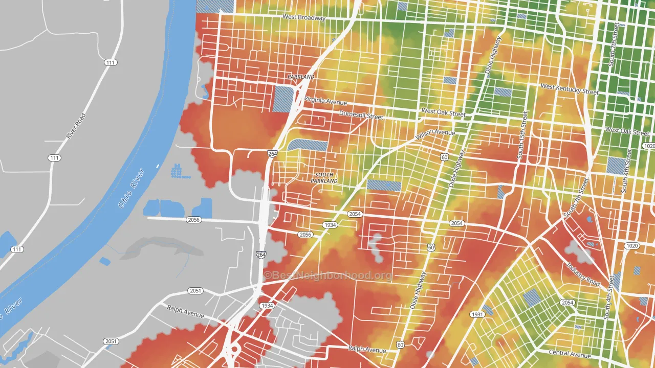 Walk Grade map of Park Duvalle, Louisville, KY, walkable areas in green and car-dependent areas in red
