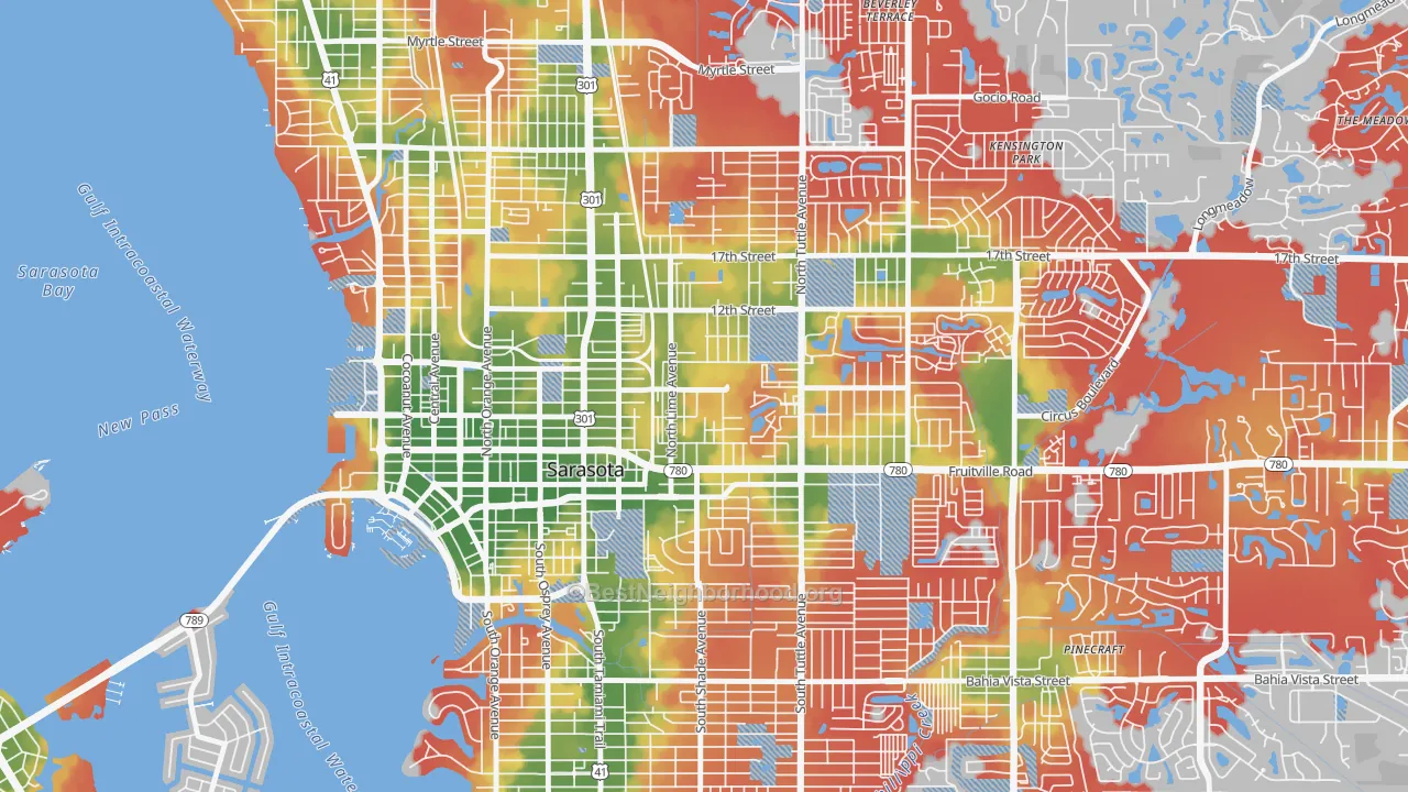 Walk Grade map of Park East, Sarasota, FL, walkable areas in green and car-dependent areas in red