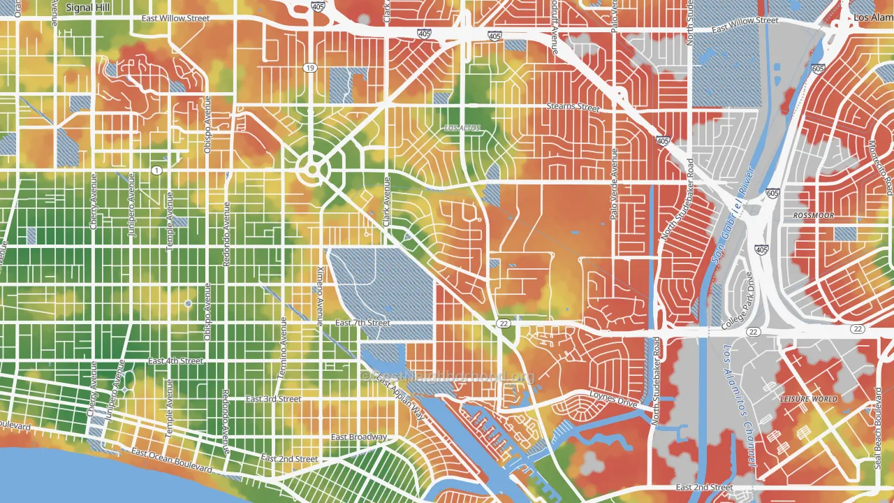 Walk Grade map of Park Estates, Long Beach, CA, walkable areas in green and car-dependent areas in red
