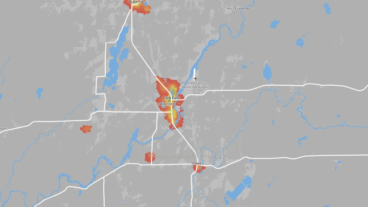 Walk Grade map of Park Falls, WI, walkable areas in green and car-dependent areas in red