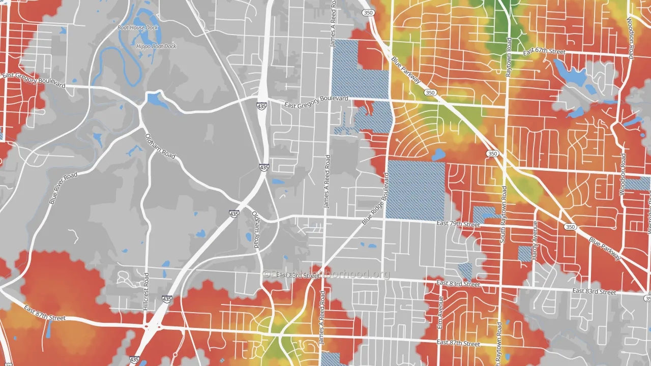 Walk Grade map of Park Farms, Kansas City, MO, walkable areas in green and car-dependent areas in red