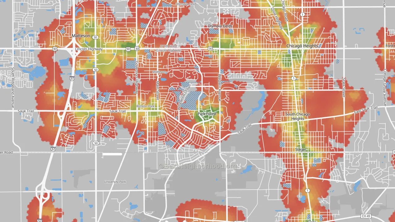 Walk Grade map of Park Forest, IL, walkable areas in green and car-dependent areas in red