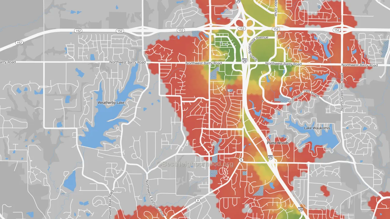 Walk Grade map of Park Forest, Kansas City, MO, walkable areas in green and car-dependent areas in red