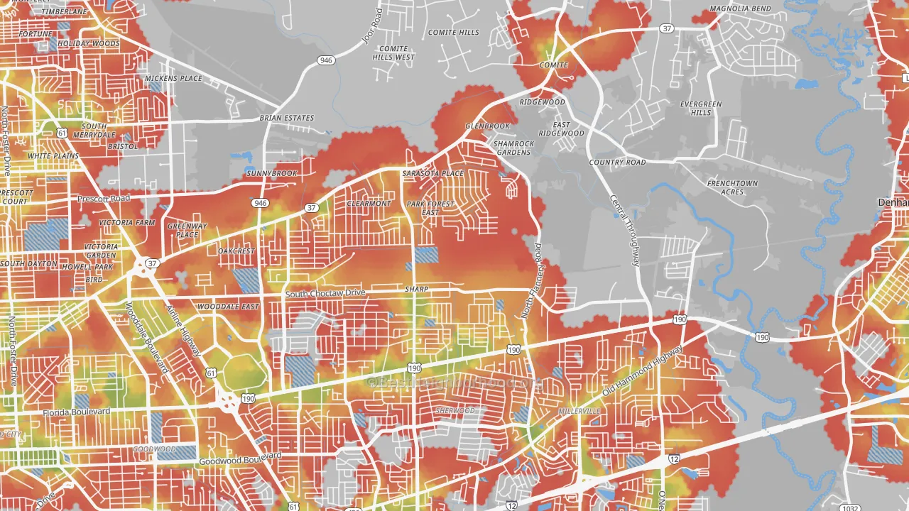 Walk Grade map of Park Forest-Louisiana North, Baton Rouge, LA, walkable areas in green and car-dependent areas in red