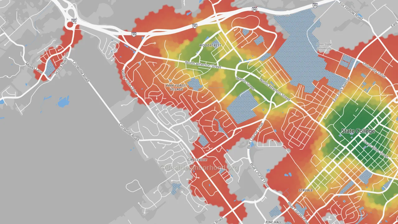 Walk Grade map of Park Forest Village, PA, walkable areas in green and car-dependent areas in red